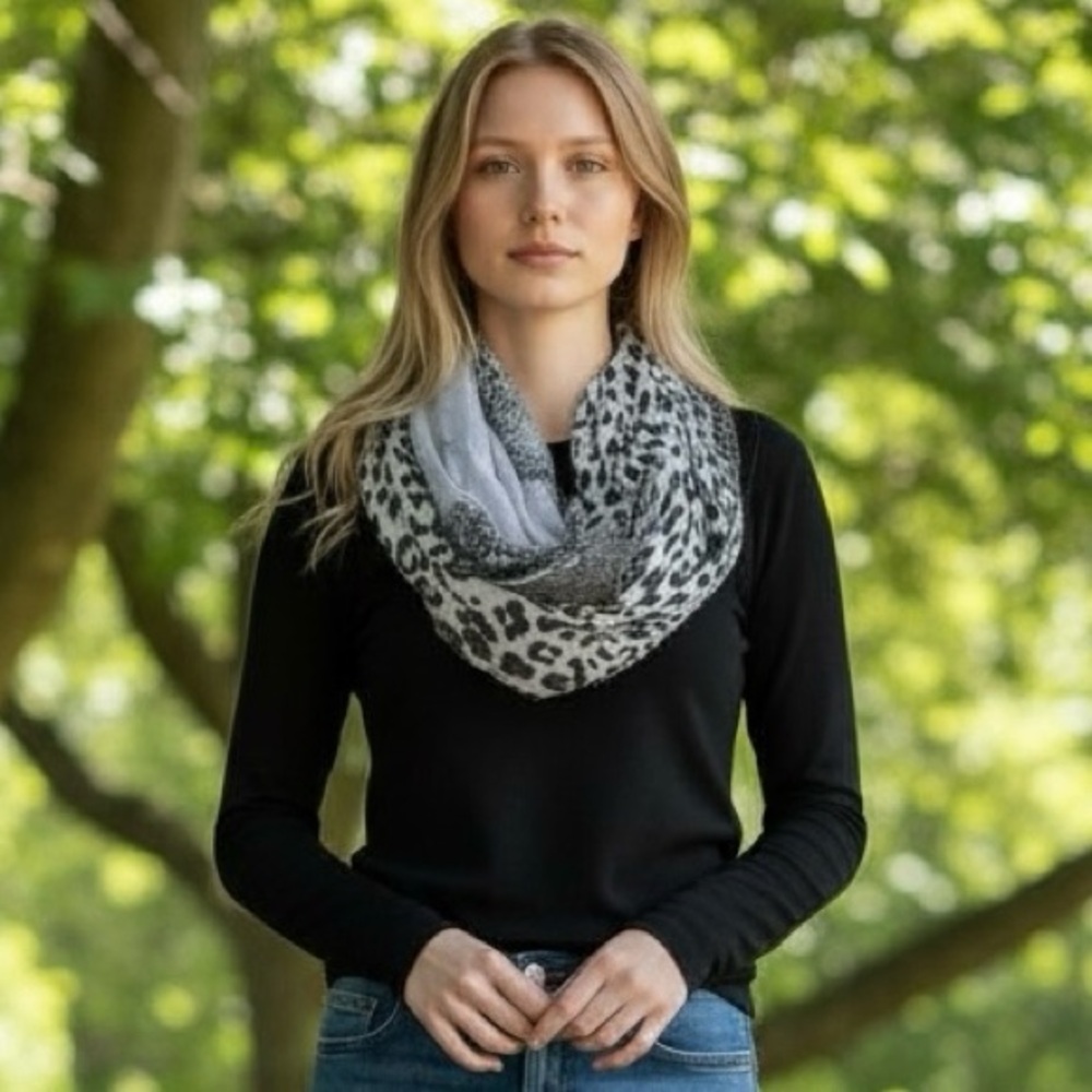 Elegant Black and Gray Leopard and Paisley Print Infinity‎ Scarf